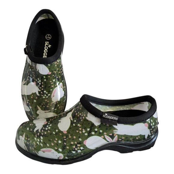Sloggers Waterproof Slip On Garden Shoes Made in USA Green w/ Rabbits Wm Size 6 - Picture 1 of 13